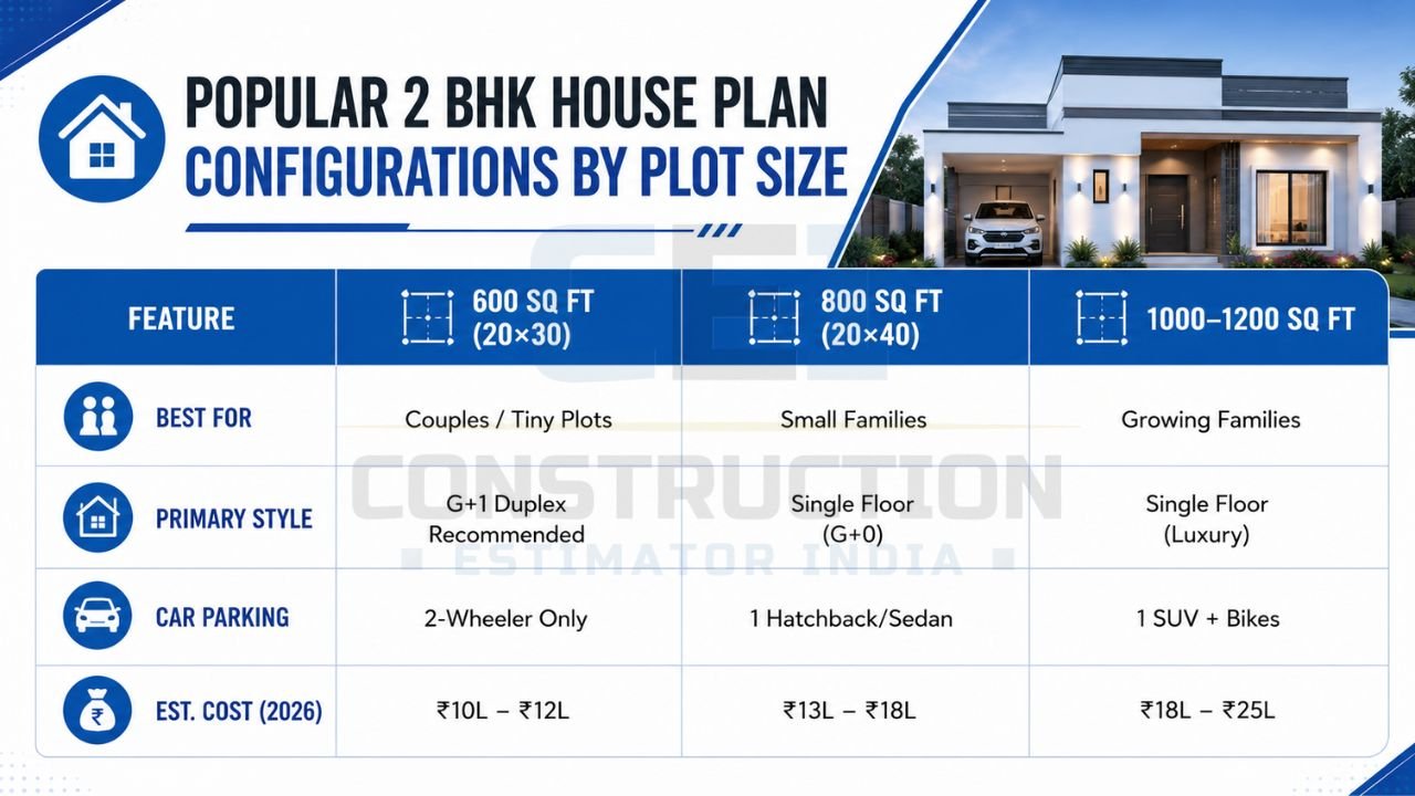Comparison of 2 BHK house plans for 600 sq ft, 800 sq ft, and 1000–1200 sq ft plots, including recommended layout style, parking options, and estimated construction costs.