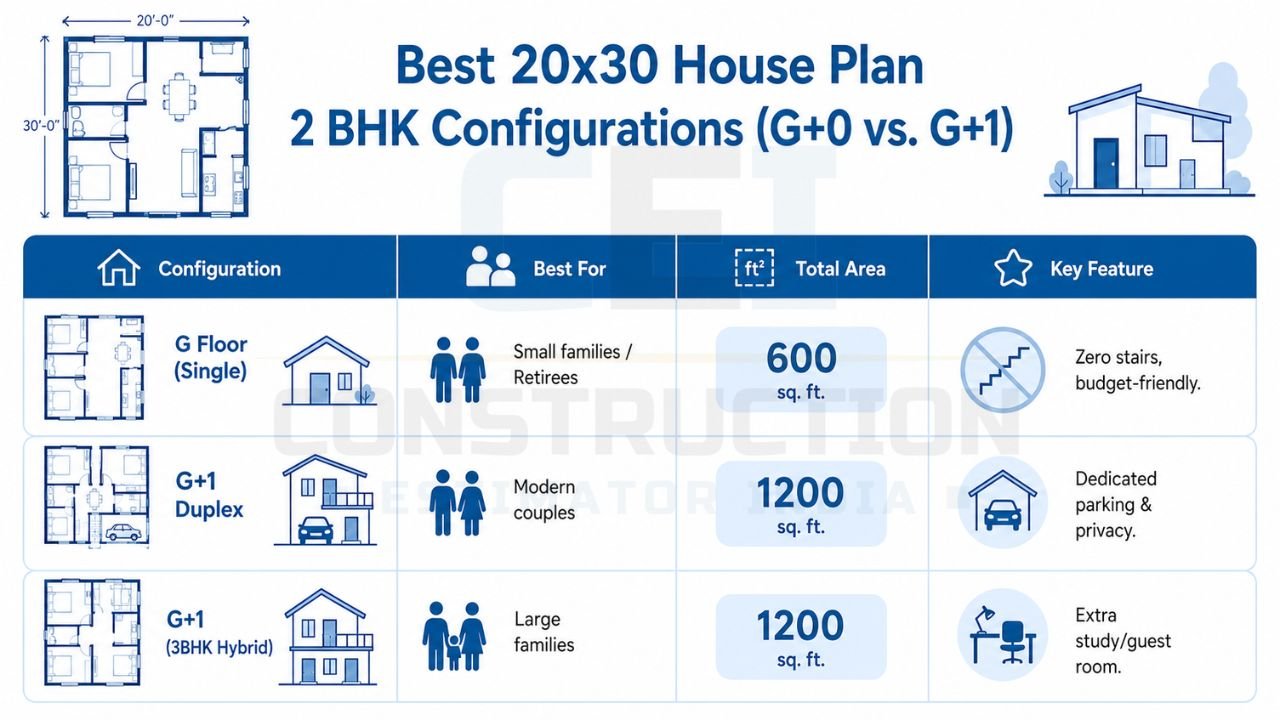 Comparison chart of the best 20x30 house plan 2 BHK configurations including G Floor, G+1 Duplex, and G+1 3BHK hybrid layouts with total area and key features.