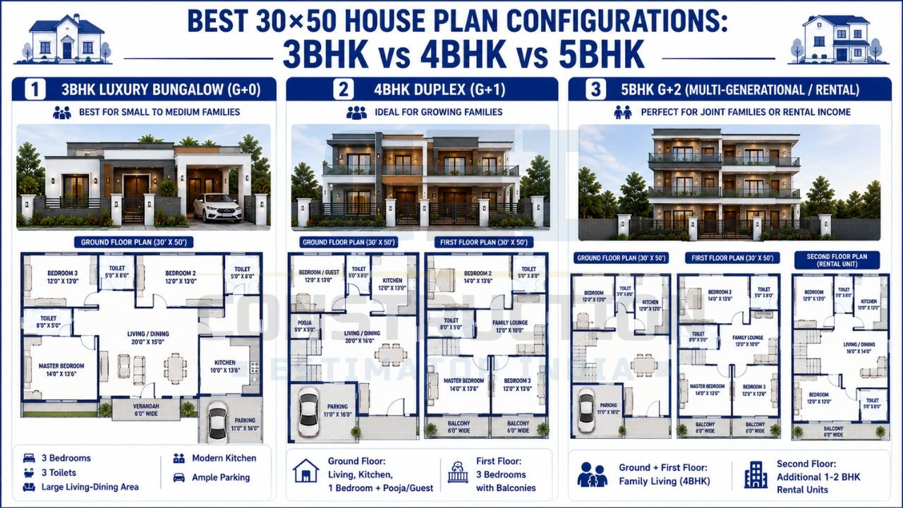 Comparison of 30×50 house plans including 3BHK bungalow, 4BHK duplex, and 5BHK multi-floor house designs.