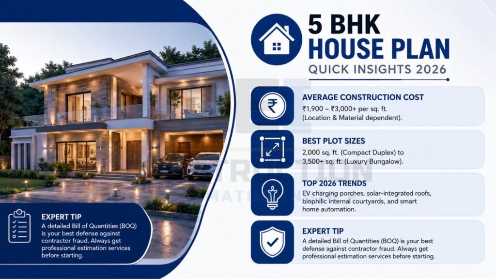5 BHK house planning infographic featuring average construction cost, ideal plot sizes, 2026 design trends, and expert BOQ advice with a modern luxury house.