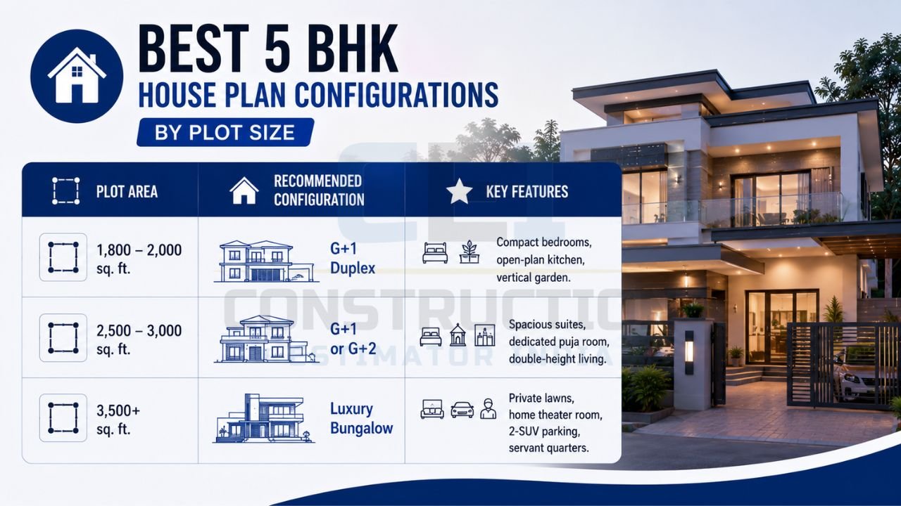 Infographic showing recommended 5 BHK house plan configurations based on plot size, including duplex and luxury bungalow layouts with key lifestyle features.