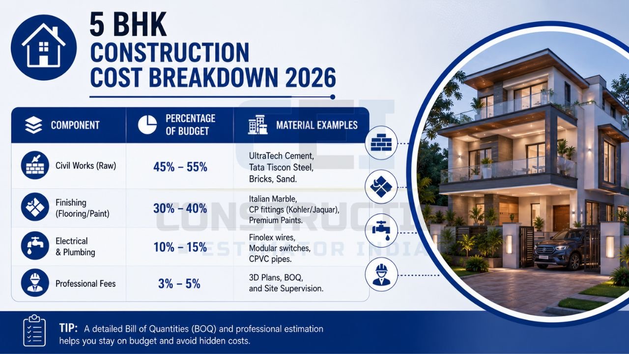 5 BHK house construction cost breakdown infographic showing civil work, finishing, electrical, plumbing, professional fees, budget percentages, and recommended material brands.