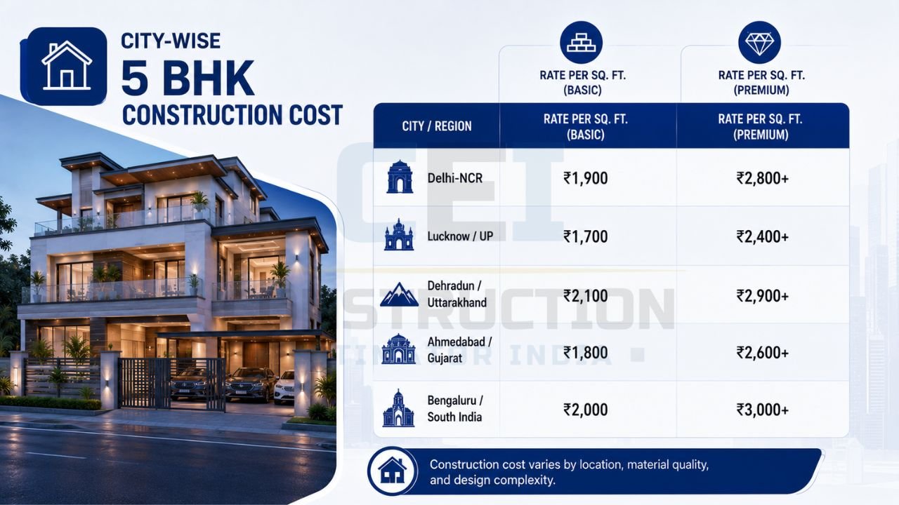 Infographic comparing 2026 city-wise 5 BHK house construction costs with basic and premium per-square-foot rates across Delhi-NCR, Lucknow, Dehradun, Ahmedabad, and Bengaluru.