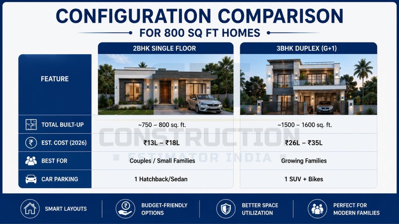 Comparison infographic of 2BHK single-floor and 3BHK duplex house plans for an 800 sq ft plot including built-up area, estimated construction cost, parking, and family suitability.