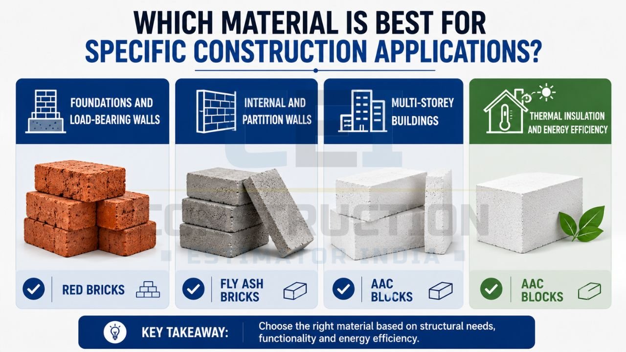 Comparison infographic showing the best use cases for Red Bricks, Fly Ash Bricks, and AAC Blocks in construction.