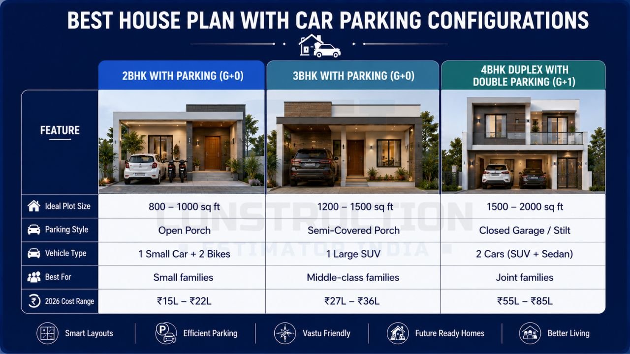 Comparison chart of 2BHK, 3BHK, and 4BHK house plans with parking, including plot sizes, parking styles, vehicle capacity, and estimated construction costs.