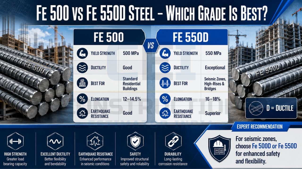 Comparison chart between FE 500 and FE 550D TMT steel grades showing differences in yield strength, ductility, elongation, and seismic performance.