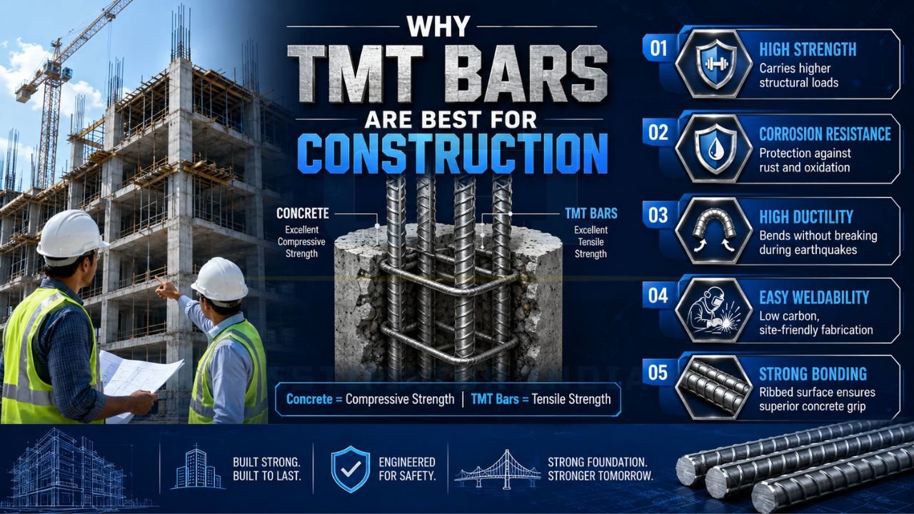 Construction infographic explaining why TMT bars are preferred for reinforced concrete structures due to strength, ductility, corrosion resistance, and bonding.