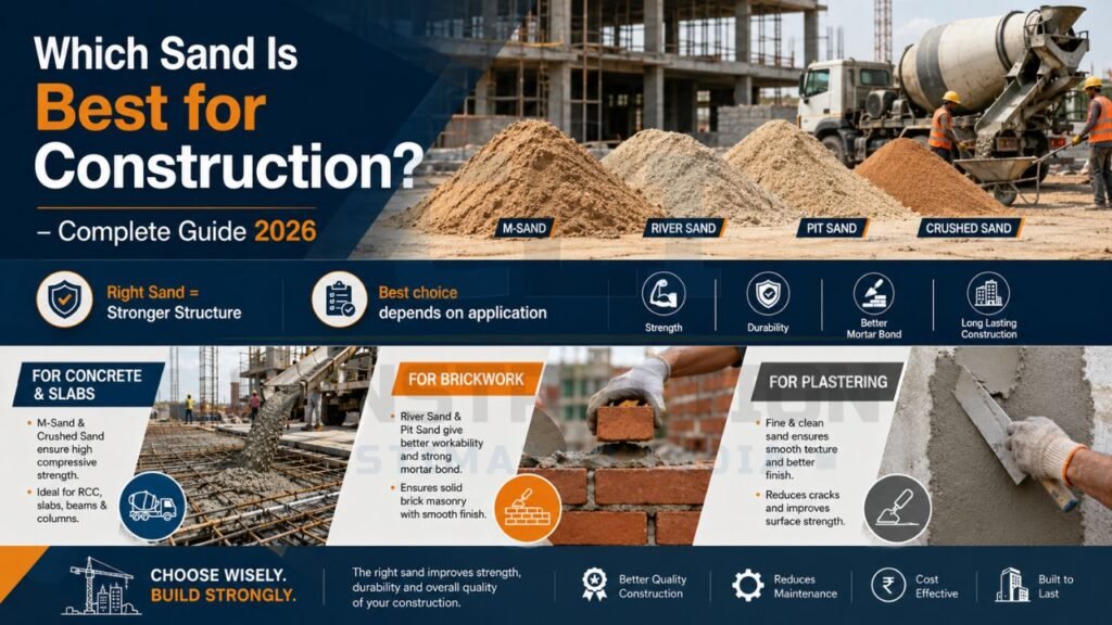 Comprehensive construction sand guide comparing M-Sand, river sand, pit sand, and crushed sand for various building applications.