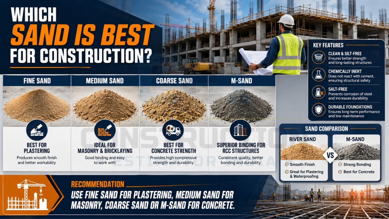 Comparison infographic showing fine sand, medium sand, coarse sand, and M-Sand with recommendations for construction applications.