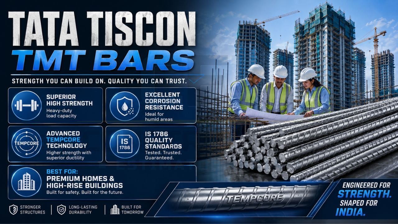 Infographic highlighting Tata Tiscon TMT bars, their strength, corrosion resistance, Tempcore technology, and compliance with IS 1786 standards.