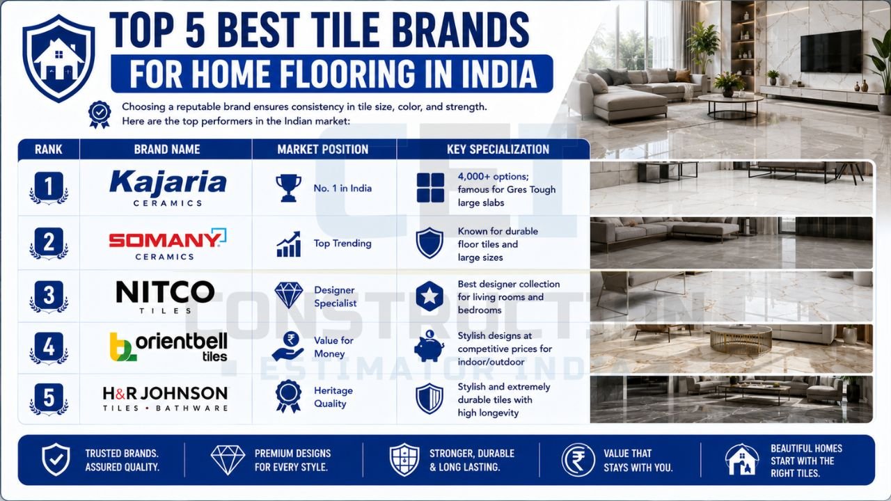 Ranking of leading tile brands in India including Kajaria, Somany, Nitco, Orientbell, and H&R Johnson for home flooring projects.