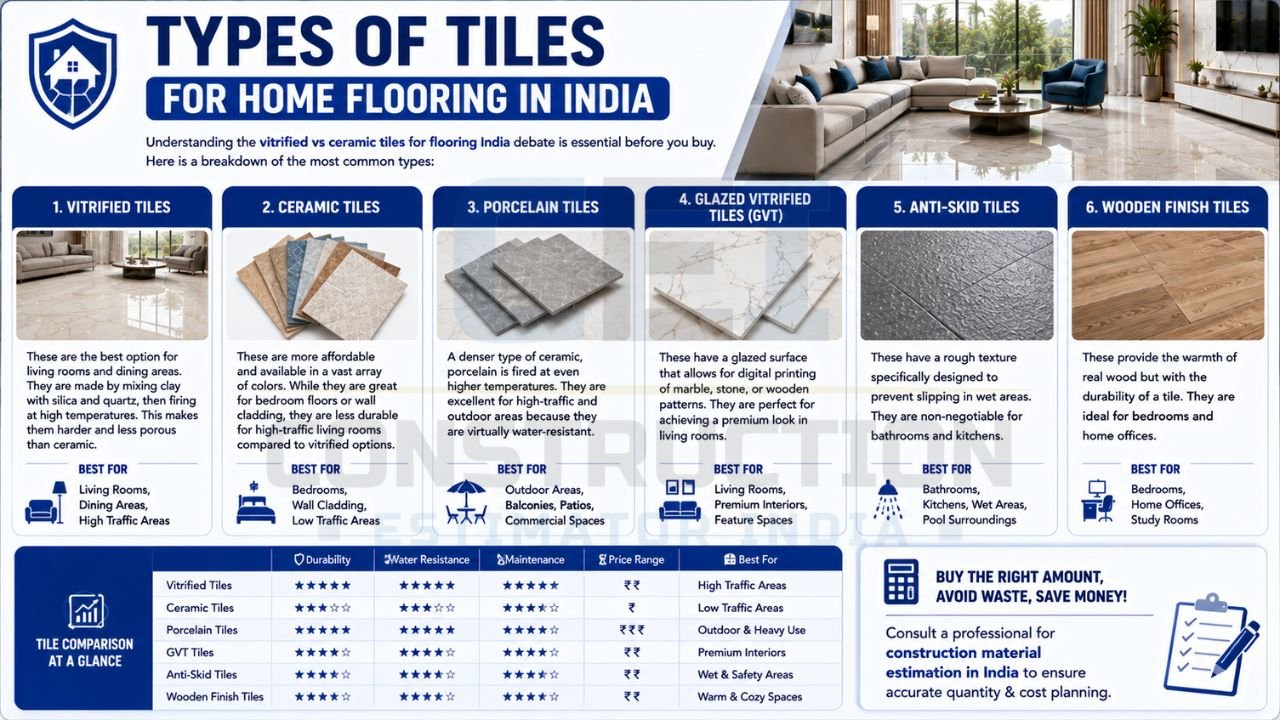 Comparison of vitrified tiles, ceramic tiles, porcelain tiles, glazed vitrified tiles, anti-skid tiles, and wooden finish tiles for Indian homes.
