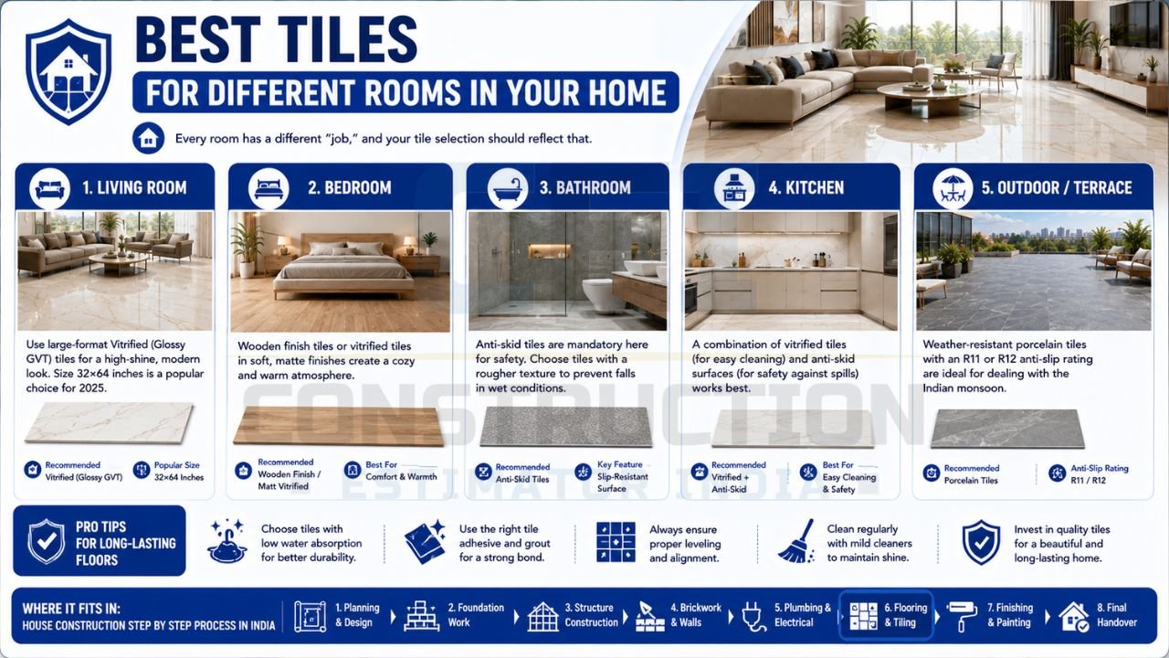 Infographic showing the best tile options for living rooms, bedrooms, bathrooms, kitchens, and outdoor terraces, including vitrified, wooden finish, anti-skid, and porcelain tiles.