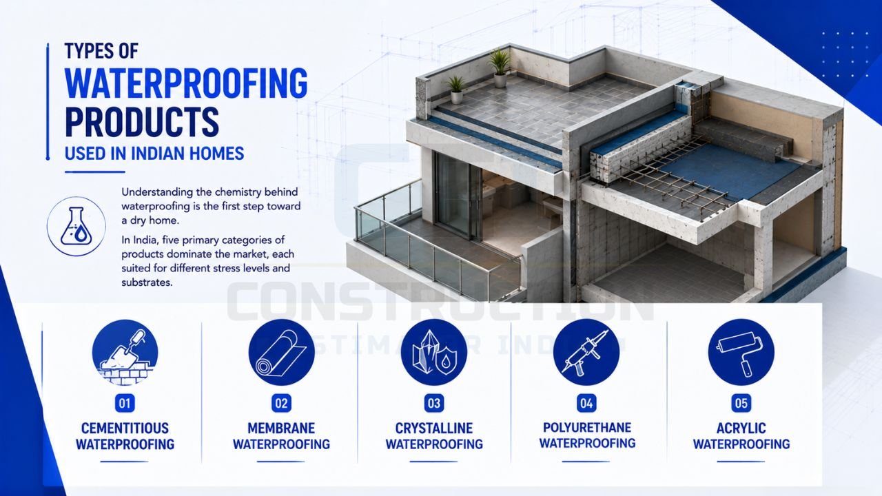 Types of waterproofing products used in Indian homes including cementitious, membrane, crystalline, polyurethane, and acrylic waterproofing solutions