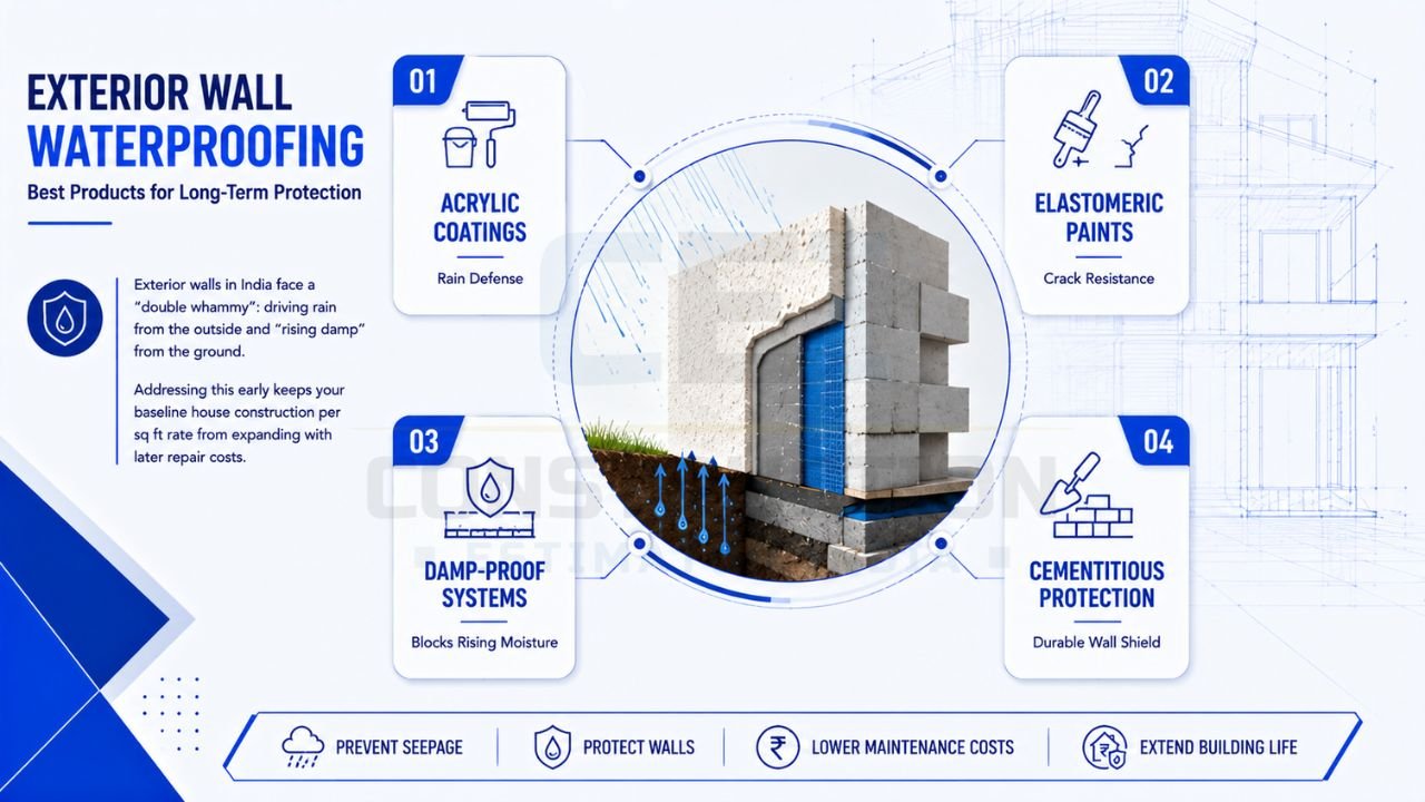 Exterior wall waterproofing solutions for Indian homes including acrylic coatings, elastomeric paints, damp-proof systems, and cementitious waterproofing