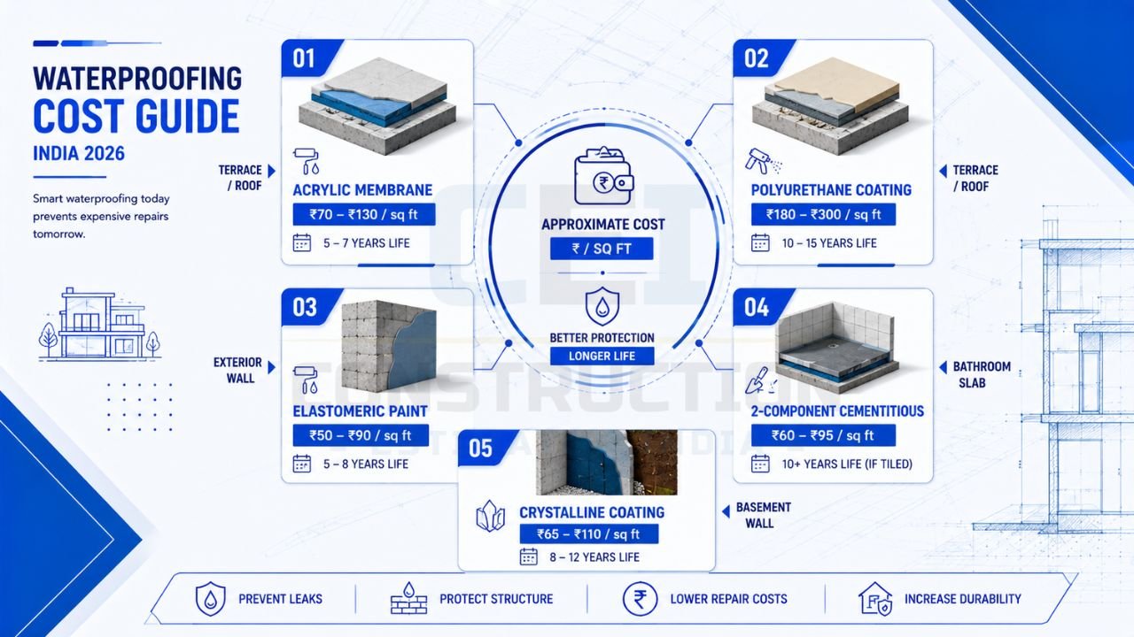 Waterproofing cost guide in India showing acrylic membrane, polyurethane coating, elastomeric paint, cementitious waterproofing, and crystalline coating costs per square foot