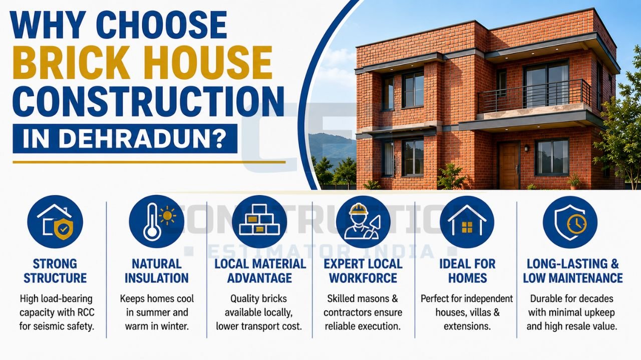 Infographic highlighting the benefits of brick house construction in Dehradun, including structural strength, insulation, local materials, skilled labor, durability, and suitability for homes.