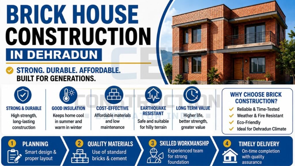 Infographic showcasing the benefits, construction process, durability, insulation, earthquake resistance, cost-effectiveness, and long-term value of brick house construction in Dehradun.