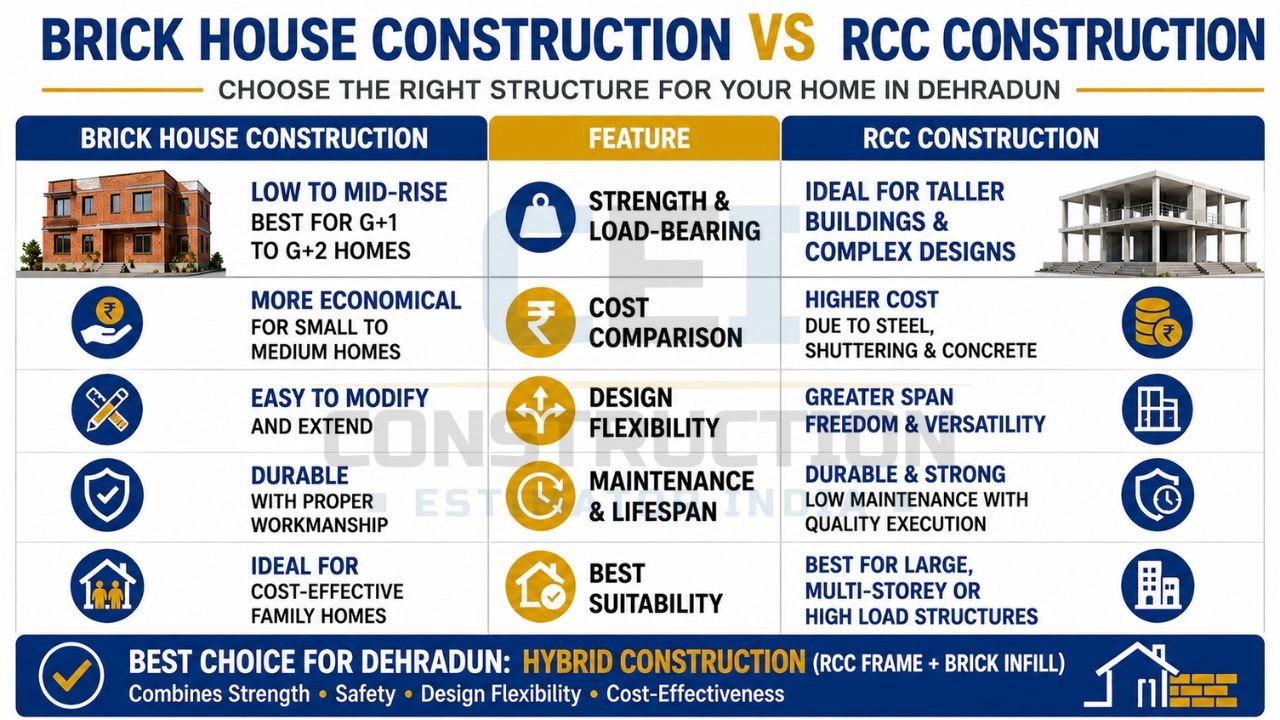Comparison infographic between brick house construction and RCC construction showing differences in cost, strength, flexibility, maintenance, lifespan, and suitability.