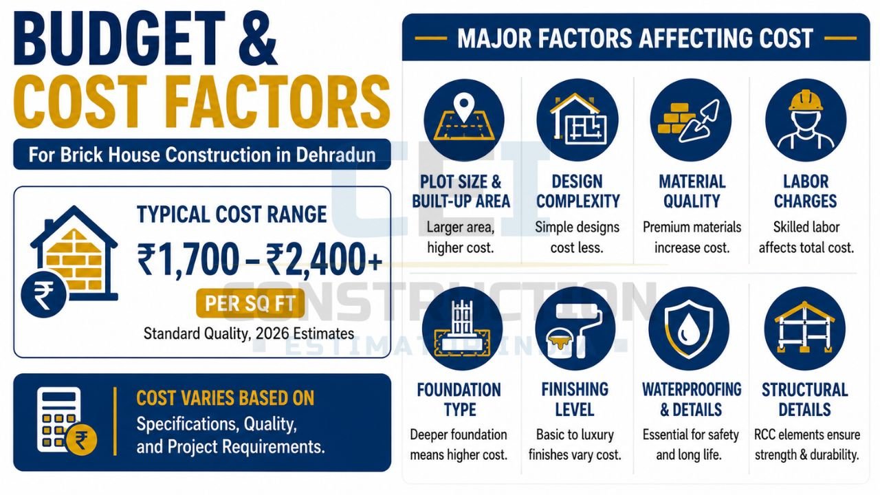 Infographic explaining brick house construction costs in Dehradun, including plot size, design complexity, material quality, labor charges, foundation type, finishing, waterproofing, and structural details.
