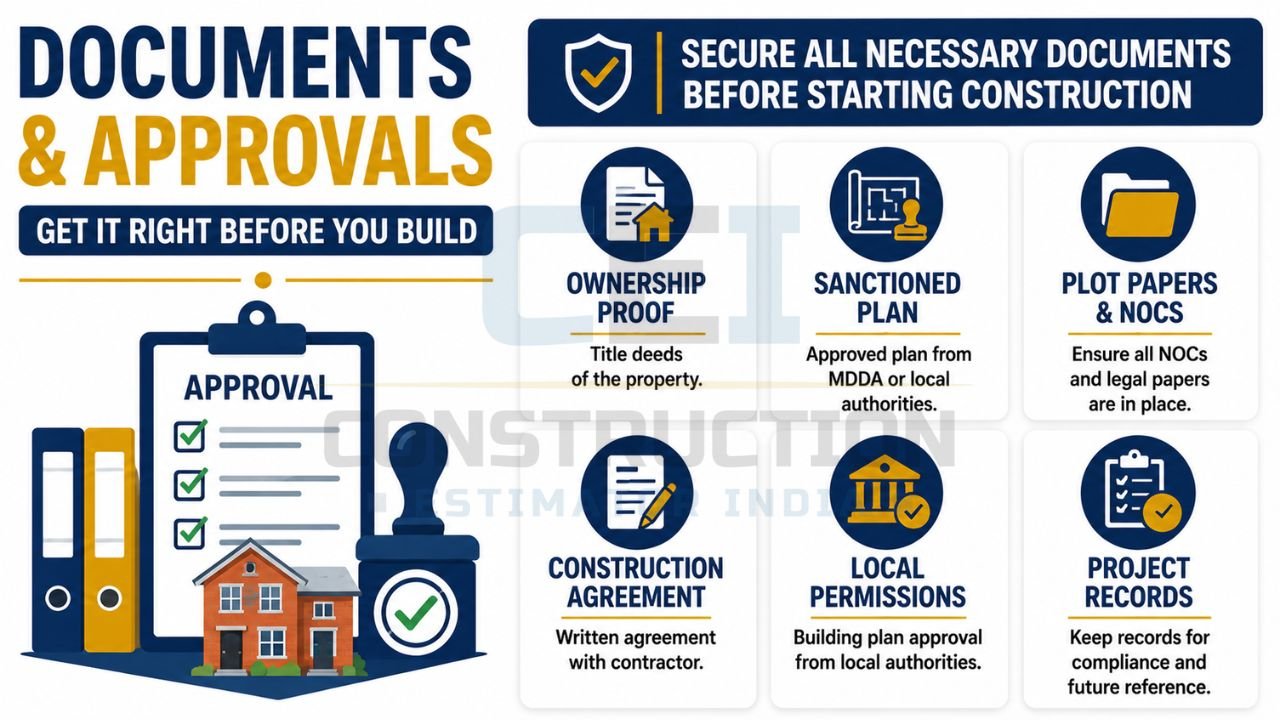 Infographic showing essential documents and approvals required before starting house construction, including ownership proof, sanctioned plans, NOCs, construction agreements, local permissions, and project records.