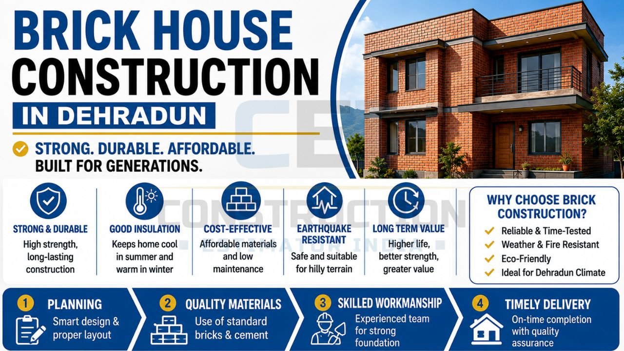 Infographic showcasing the benefits, construction process, durability, insulation, earthquake resistance, cost-effectiveness, and long-term value of brick house construction in Dehradun.