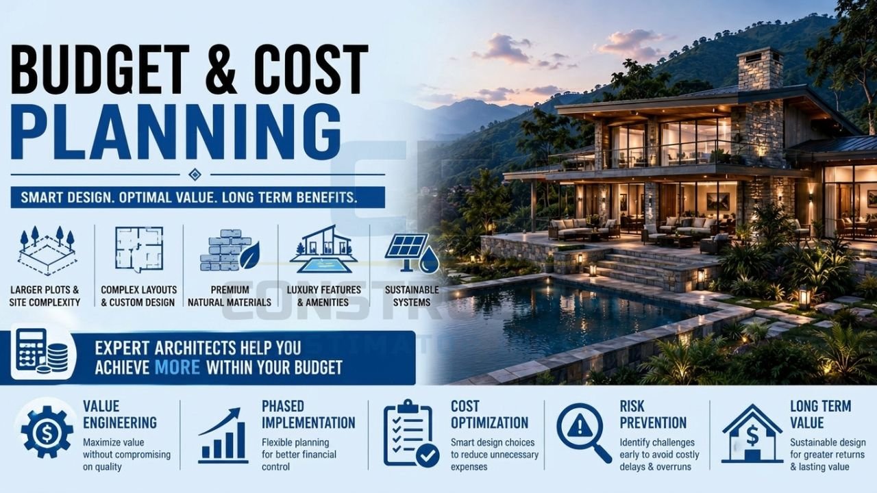 Luxury farmhouse in Rishikesh showcasing budget planning, cost optimization, value engineering, sustainable systems, and long-term investment strategies.
