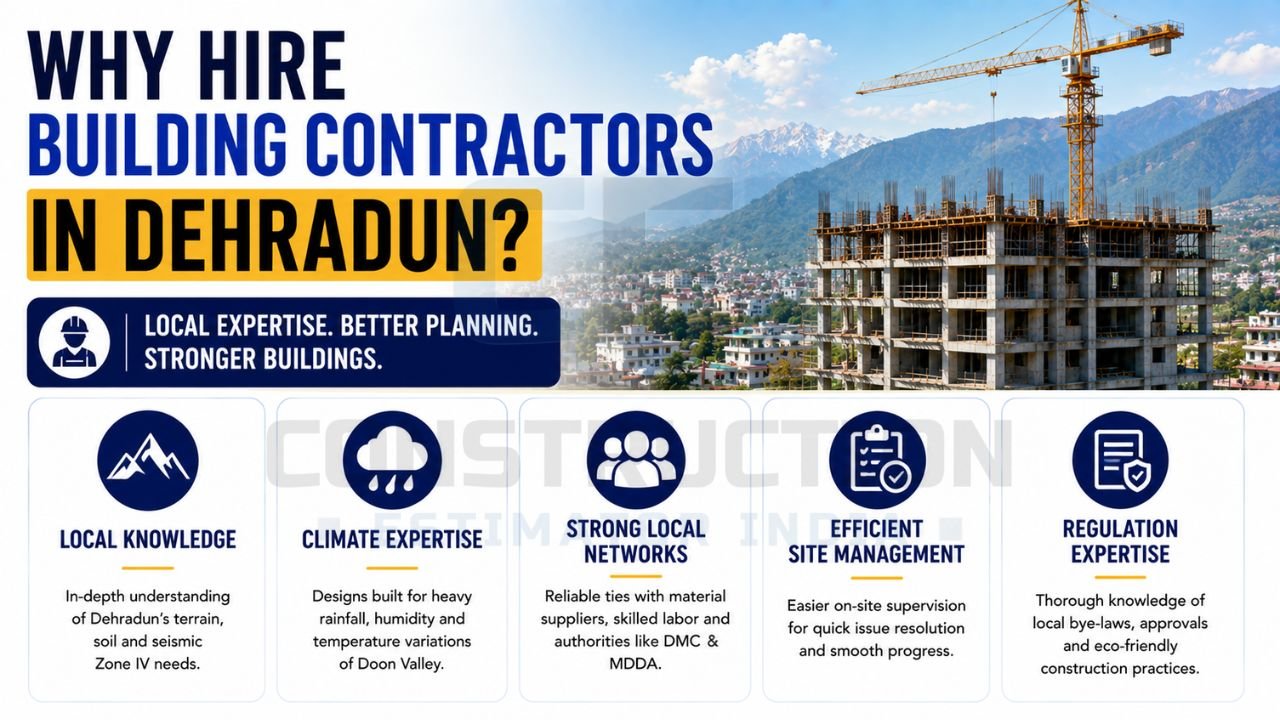Benefits of hiring local building contractors in Dehradun including local knowledge, climate expertise, supplier networks, site management, and regulatory compliance.