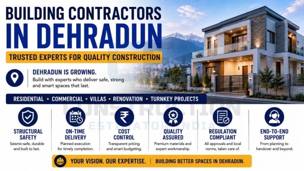 Building contractors in Dehradun infographic highlighting structural safety, on-time delivery, cost control, quality assurance, compliance, and end-to-end construction support.