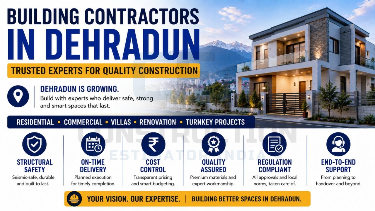 Building contractors in Dehradun infographic highlighting structural safety, on-time delivery, cost control, quality assurance, compliance, and end-to-end construction support.