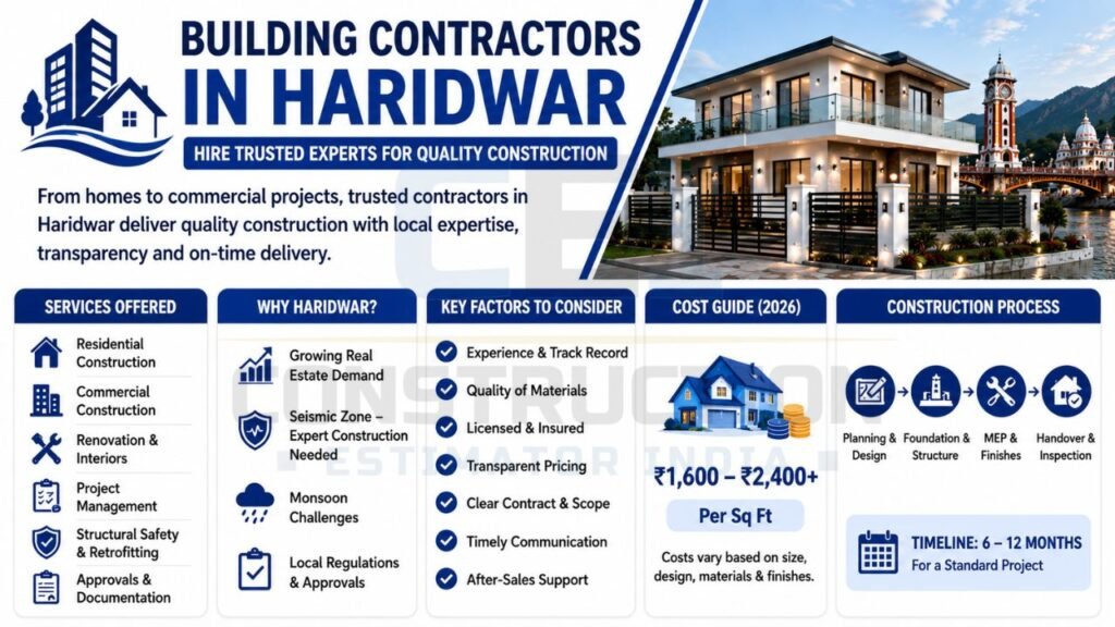 Overview of building contractor services in Haridwar including residential construction, commercial projects, renovation, project management, and cost guide.