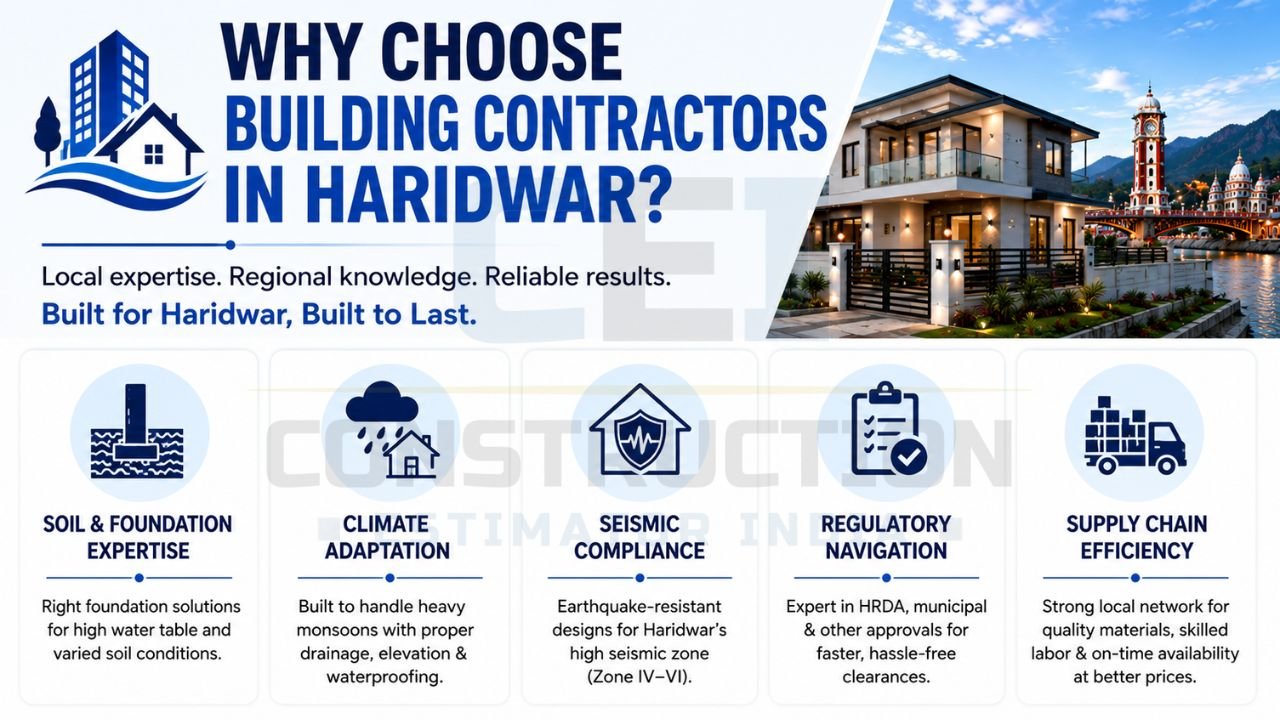 Benefits of hiring local building contractors in Haridwar including soil expertise, climate adaptation, seismic compliance, approvals, and supply chain support.