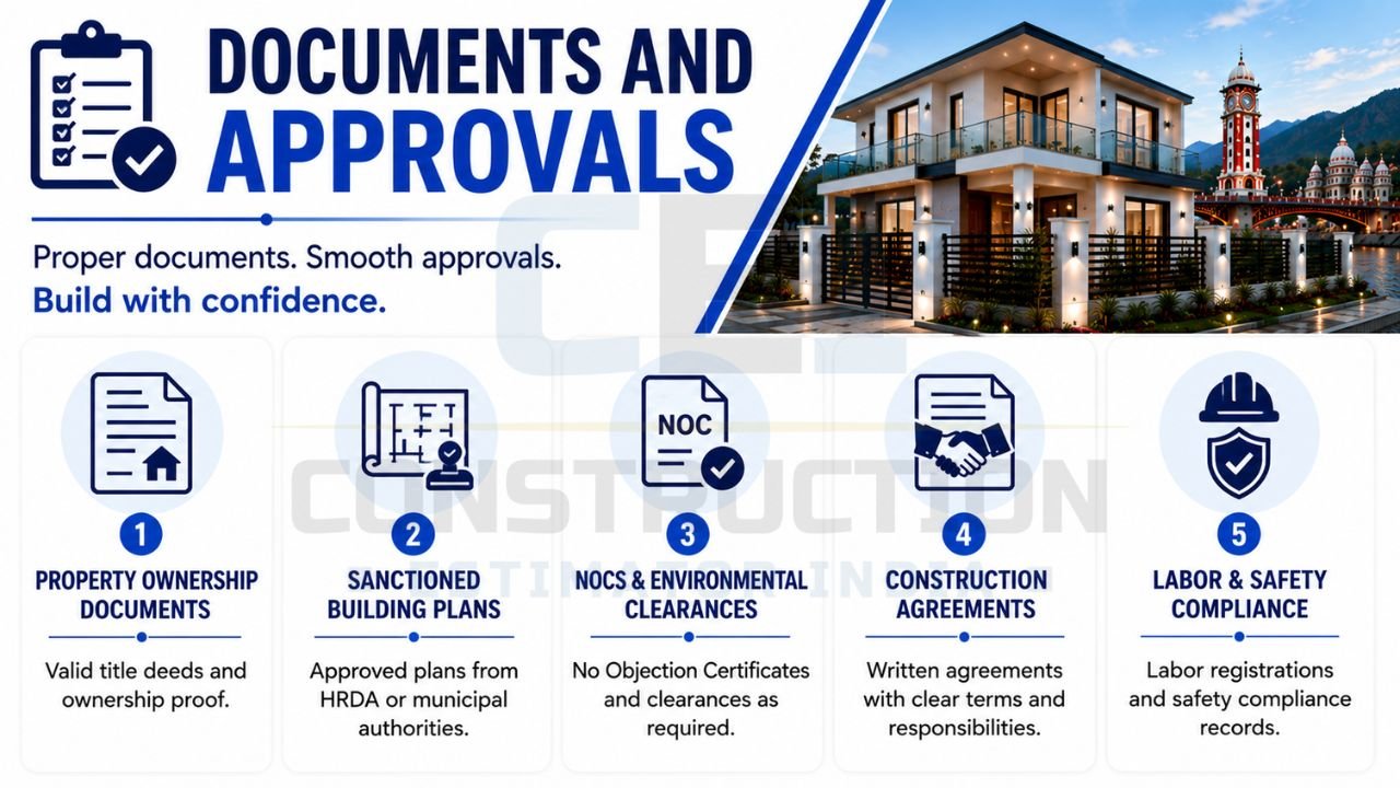 Documents and approvals checklist for home construction in Haridwar including ownership documents, sanctioned plans, NOCs, construction agreements, and labor compliance.