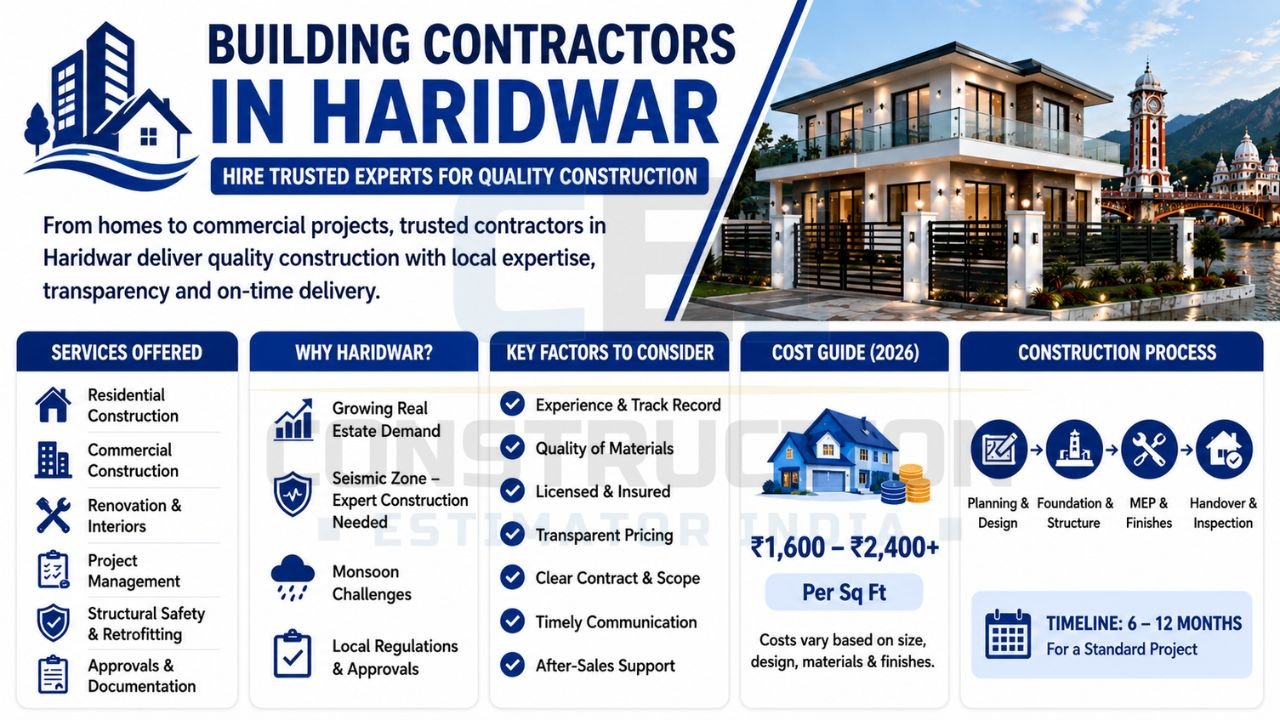 Overview of building contractor services in Haridwar including residential construction, commercial projects, renovation, project management, and cost guide.