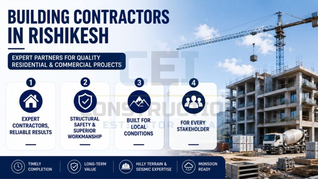 Building contractors in Rishikesh infographic featuring residential and commercial construction services, structural safety, local expertise, seismic-resistant construction, and timely project completion.