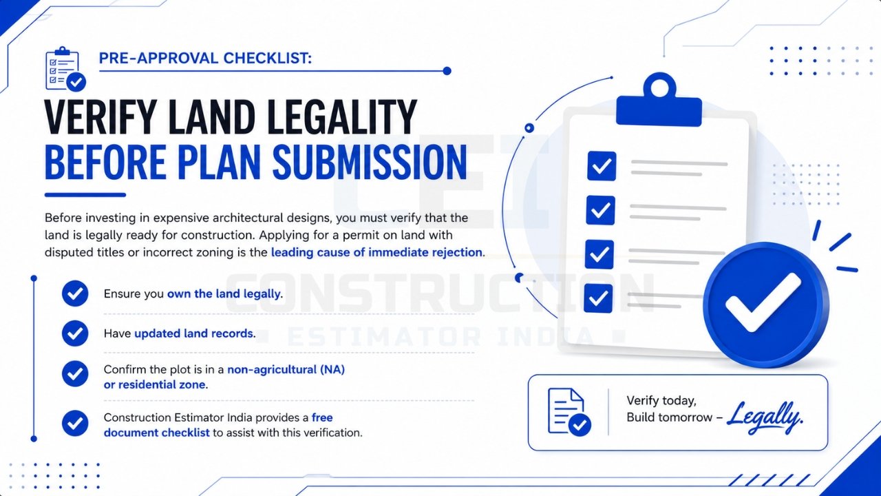 Verify land legality before plan submission by checking ownership, land records, and residential zoning compliance