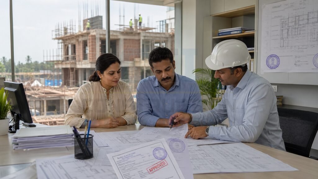 Construction engineer discussing approved building plans and permits with homeowners before starting house construction