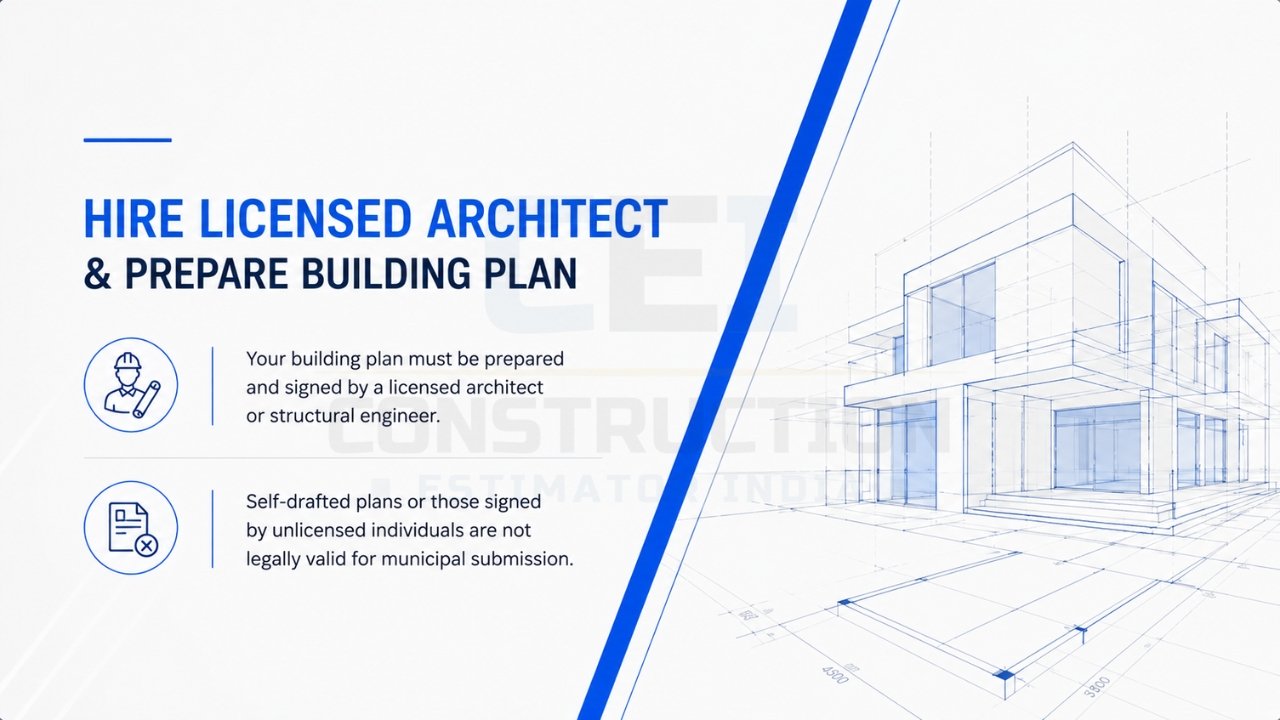 Hire a licensed architect and prepare a building plan for legal house construction approval and municipal submission