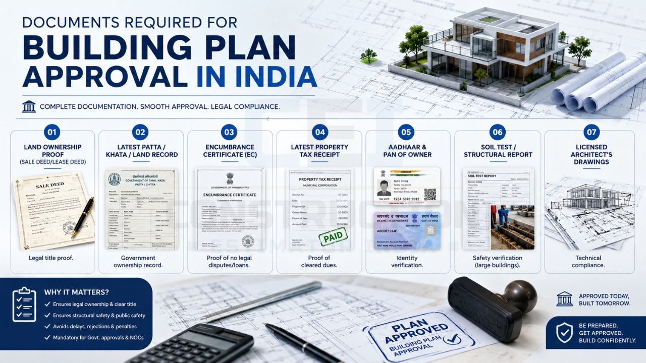 Documents required for building plan approval in India including sale deed, land records, encumbrance certificate, property tax receipt, Aadhaar, soil test report, and architect drawings