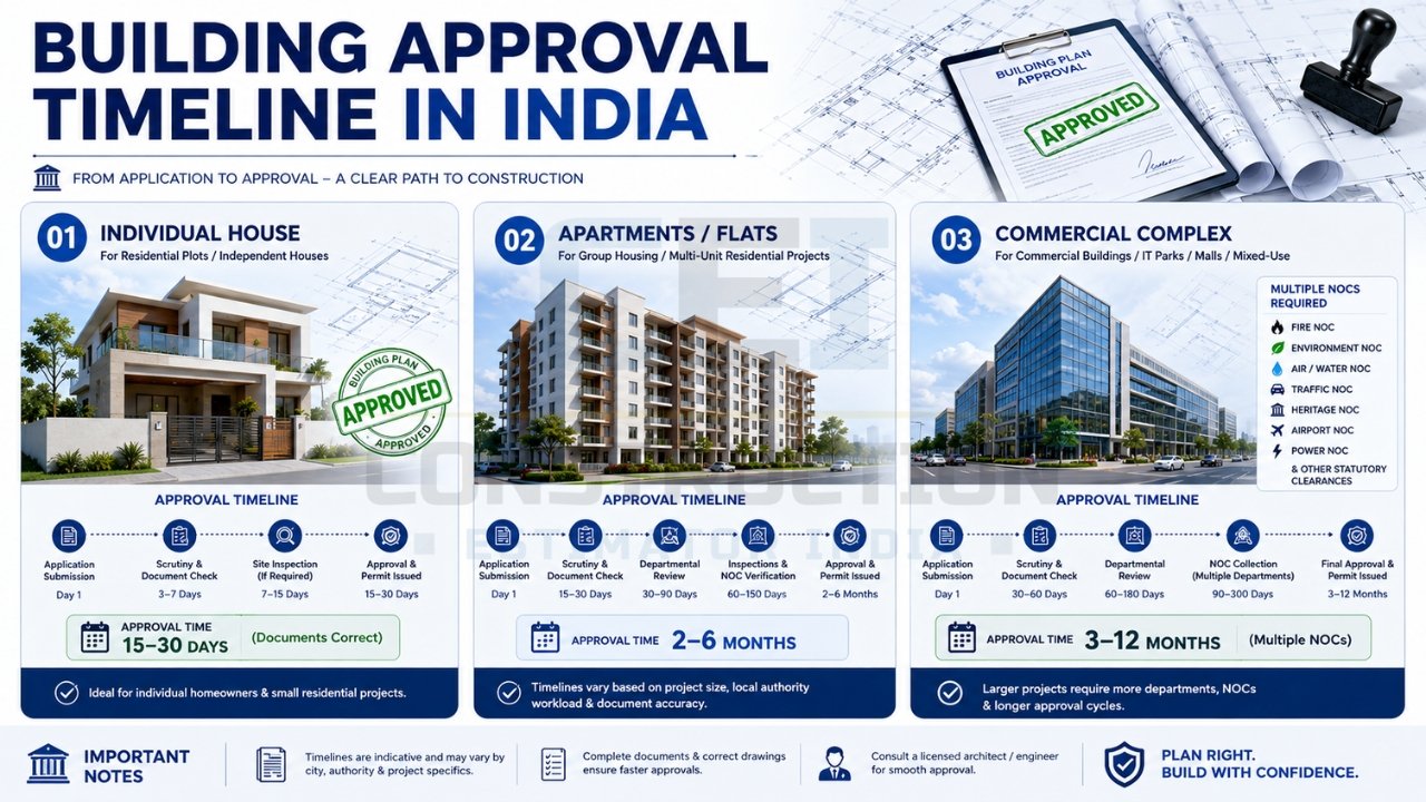 Building approval timeline in India for individual houses, apartments, and commercial projects from application to permit approval