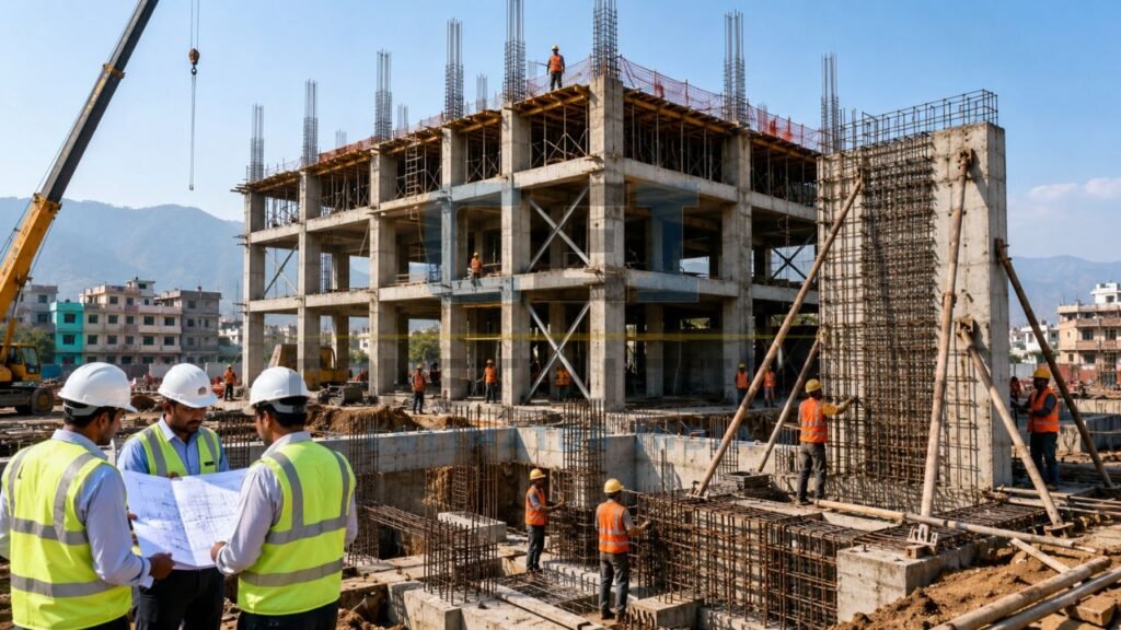 RCC building under construction with engineers reviewing structural drawings, workers installing reinforcement, concrete columns, and foundation work