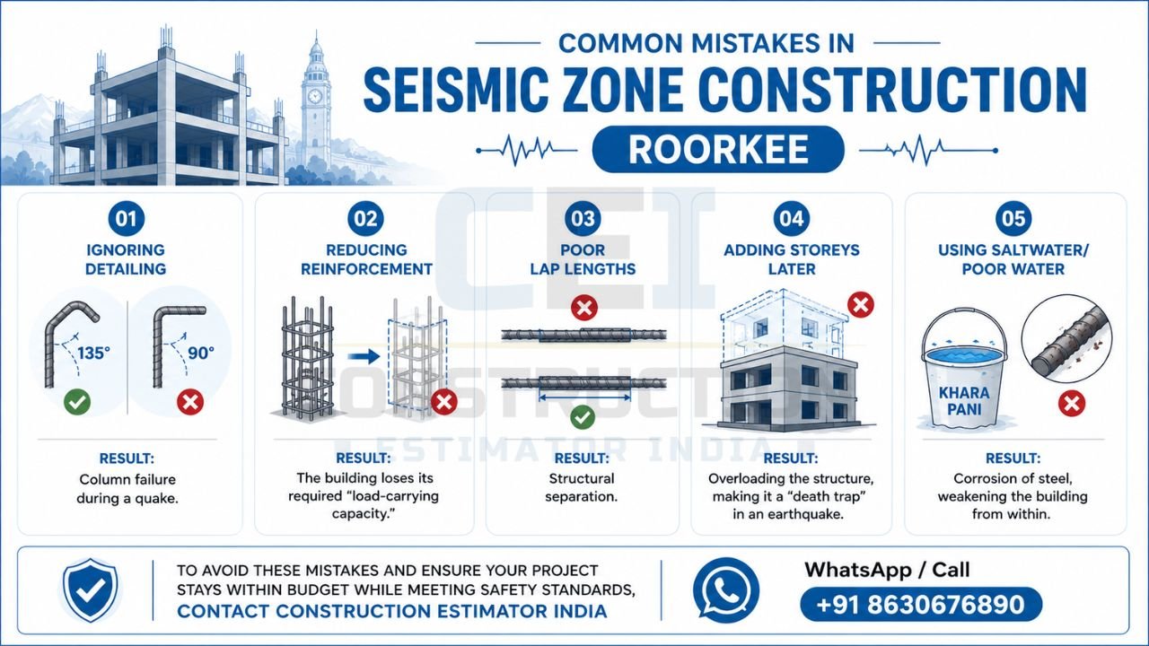 Common mistakes in seismic zone construction in Roorkee including poor reinforcement, incorrect lap lengths, weak detailing, added storeys, and poor-quality water