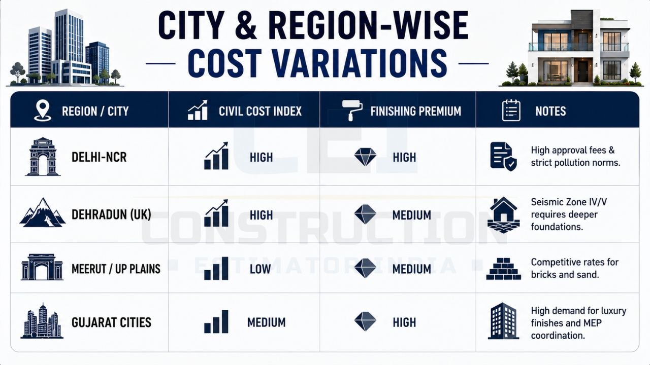 Infographic comparing civil construction costs, finishing premiums, and regional construction factors across Delhi-NCR, Dehradun, Meerut, and Gujarat cities.