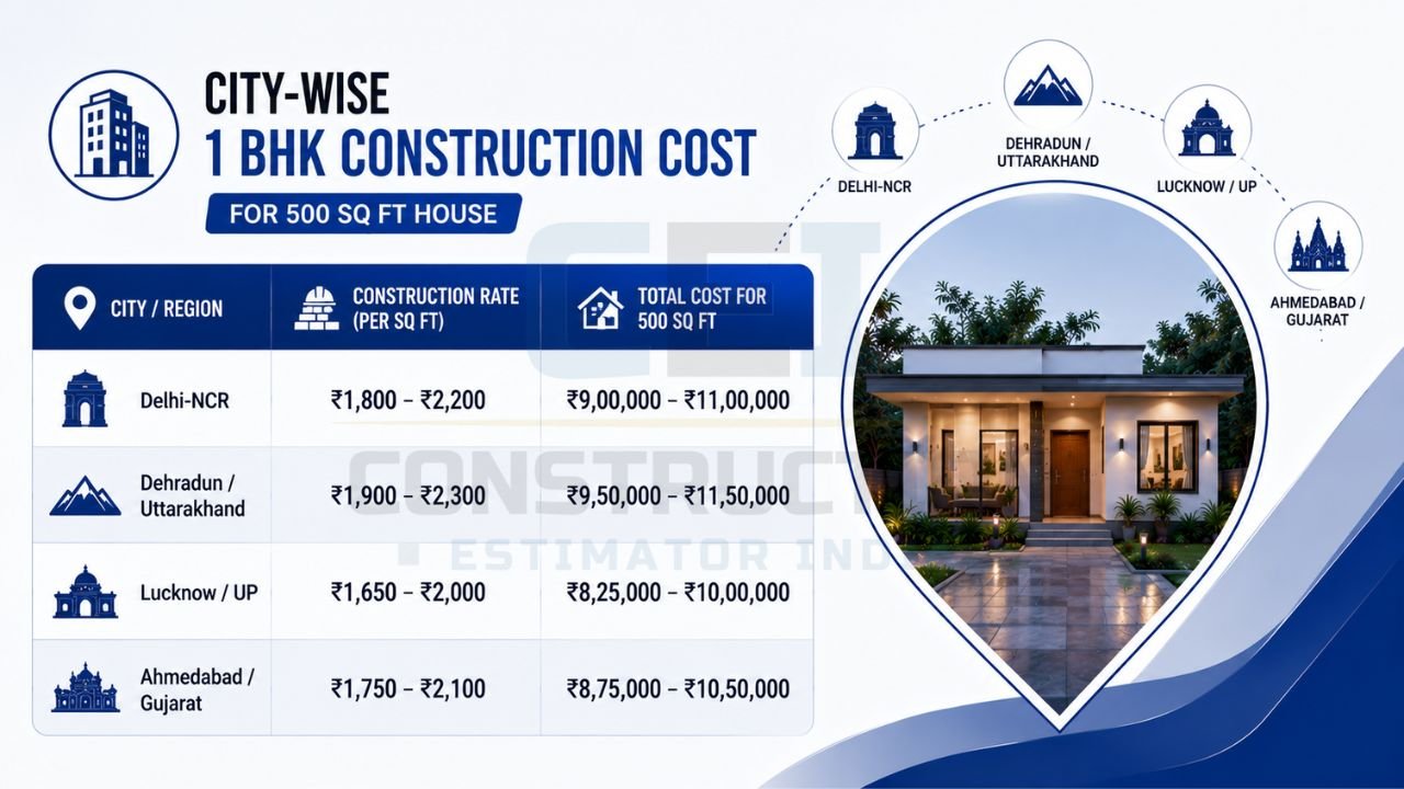 City-wise 1 BHK house construction cost comparison infographic showing per square foot construction rates and total estimated cost for a 500 sq ft home across Delhi-NCR, Dehradun, Lucknow, and Ahmedabad.