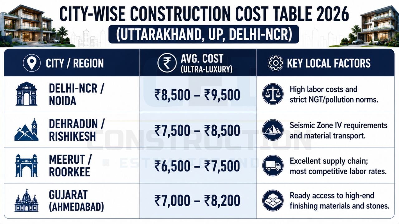 City-wise construction cost table comparing Delhi-NCR, Dehradun, Meerut, Roorkee, and Gujarat with luxury construction rates and regional factors.
