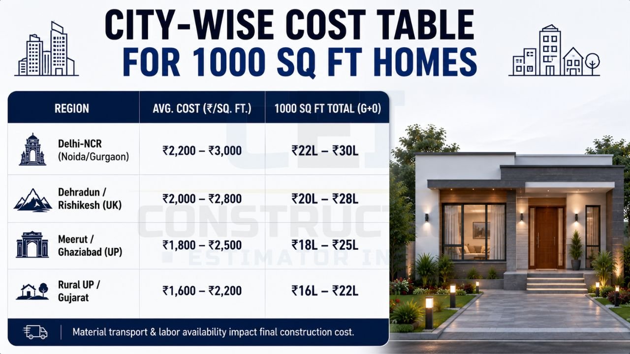 Infographic comparing construction costs for a 1000 sq ft house across Delhi-NCR, Dehradun, Rishikesh, Meerut, Ghaziabad, and rural regions in India.
