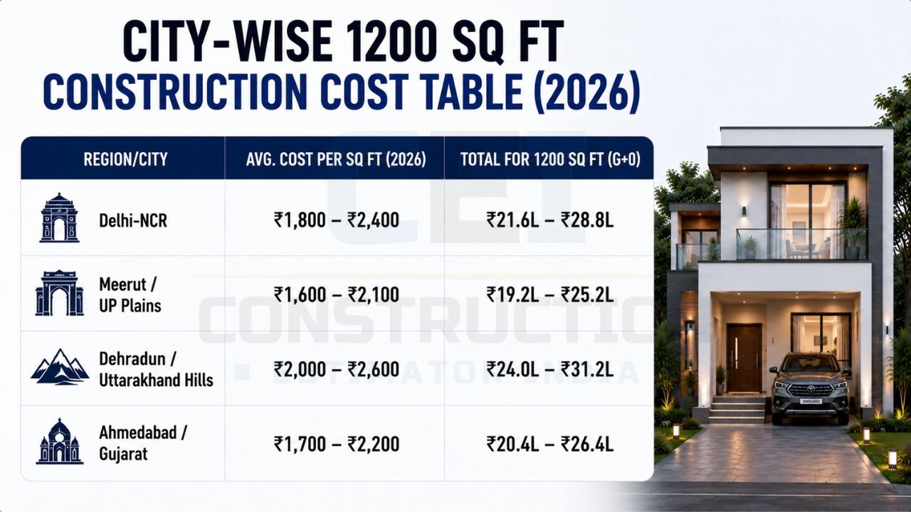 Infographic showing city-wise construction costs for a 1200 sq ft house in Delhi-NCR, Meerut, Dehradun, Uttarakhand, and Ahmedabad with average rates and total estimated costs.