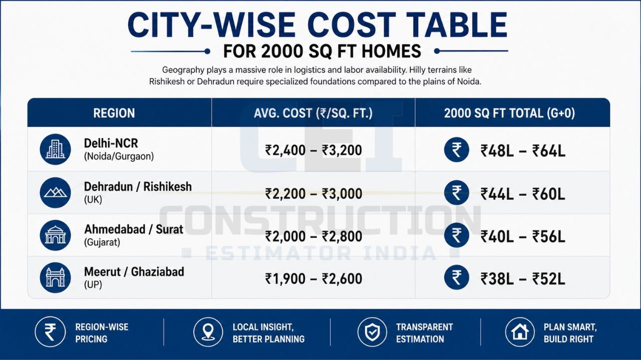 Infographic comparing 2026 construction costs for a 2000 sq ft house across Delhi-NCR, Dehradun, Ahmedabad, Surat, Meerut, and Ghaziabad with per square foot and total project estimates.