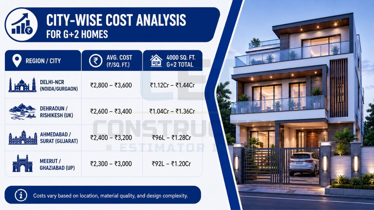 Infographic comparing 2026 G+2 house construction costs across Delhi-NCR, Dehradun, Ahmedabad, Meerut, and other Indian cities with per-square-foot rates and total project costs.